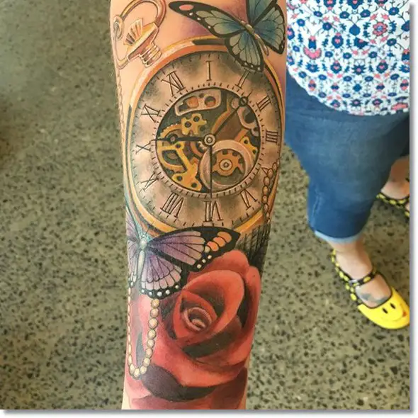 rose and pocket watch tattoo with butterfly