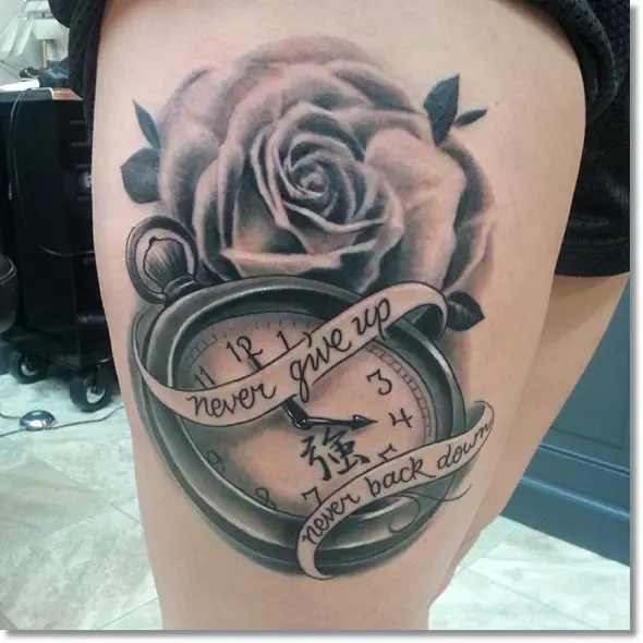 rose and pocket watch tattoo with saying