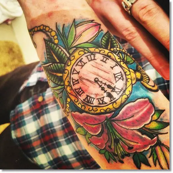 traditional pocket watch tattoo sleeve