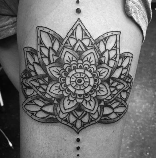 black and grey beautiful detailed lotus flower tattoo