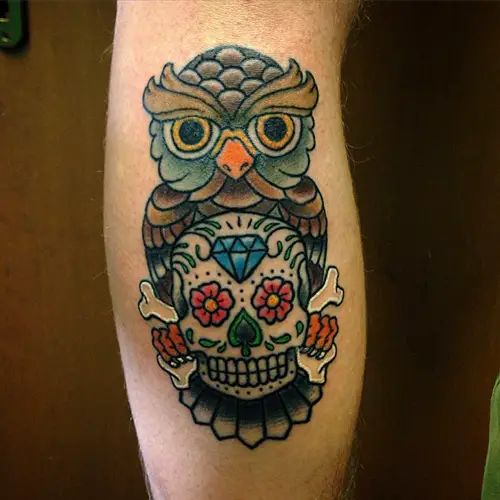 bright bold sugar skull owl tattoos