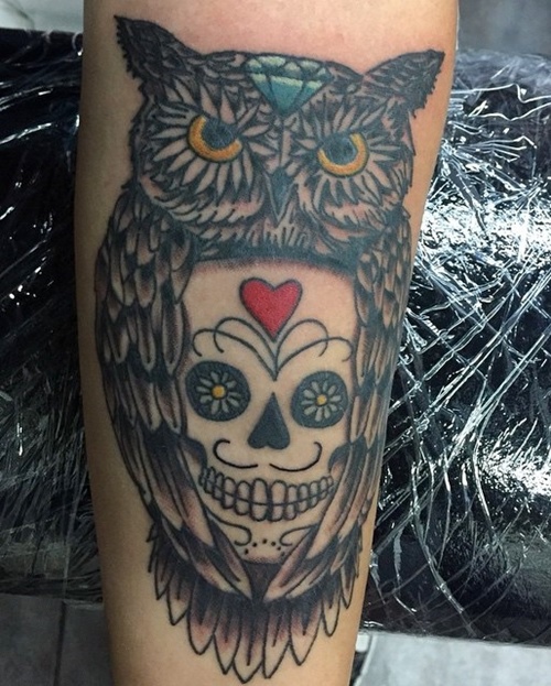 candy skull and owl tattoo design