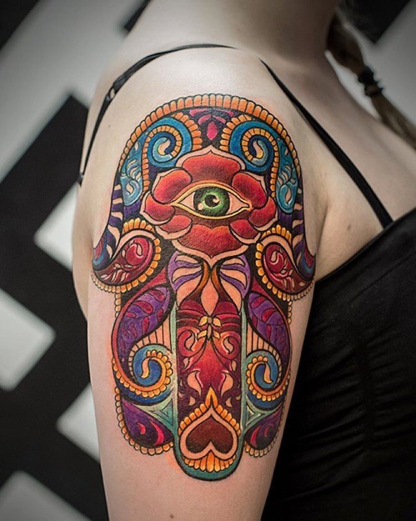 colorfull hamsa hand tattoo down
