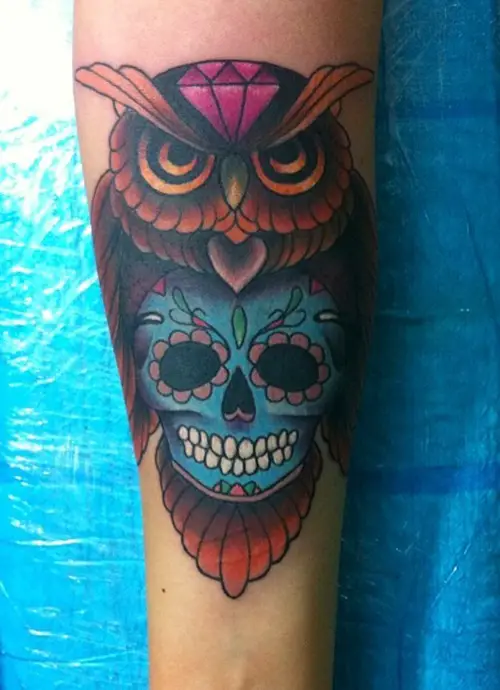colorfull sugar skull owl tattoo on sleeve