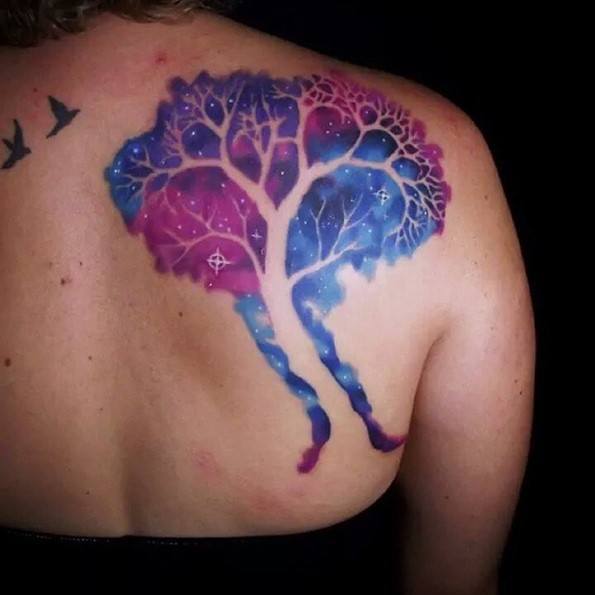 colorfull tree tattoo on back