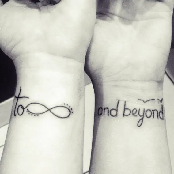cute to infinity and beyond sisters tattoos.