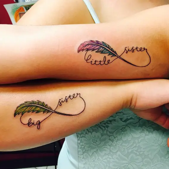 little and big sister infinity feather tattoos