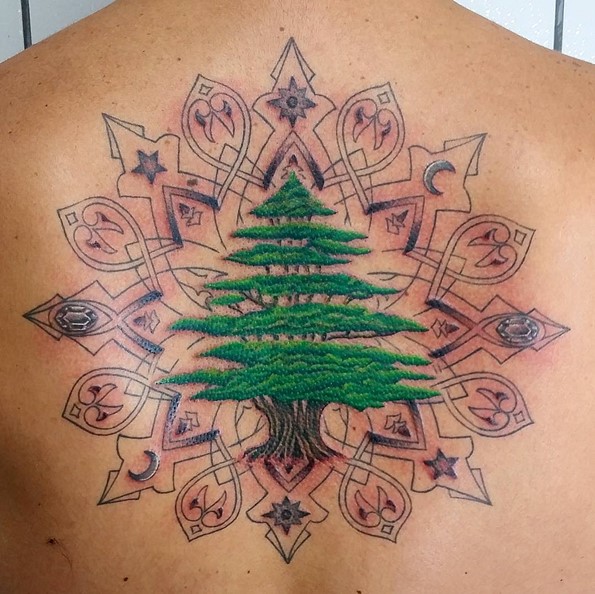 mandala pine tree tattoo on back