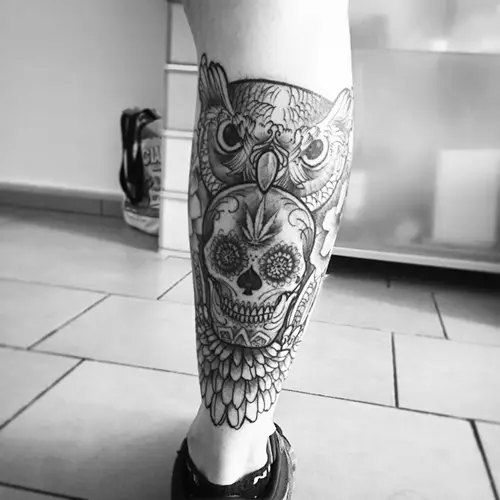 mexican skull and owl leg tattoo