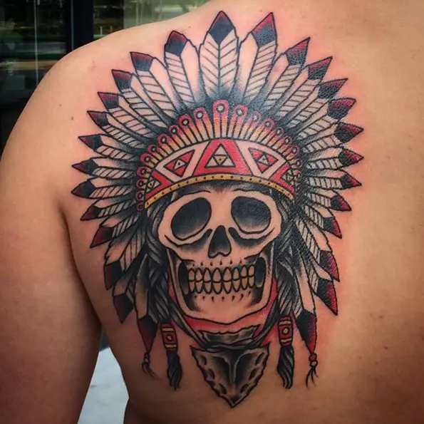 native american skull tattoo arrowhead splash of color