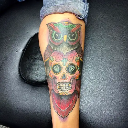 owl and skull tattoo traditional