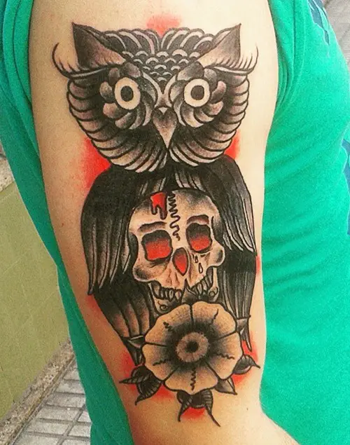 owl and skull tattoo with flower