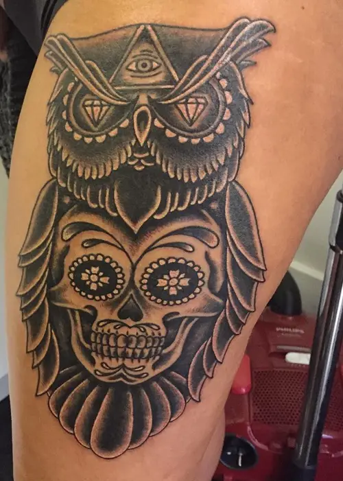 owl and sugar skull thigh tattoo