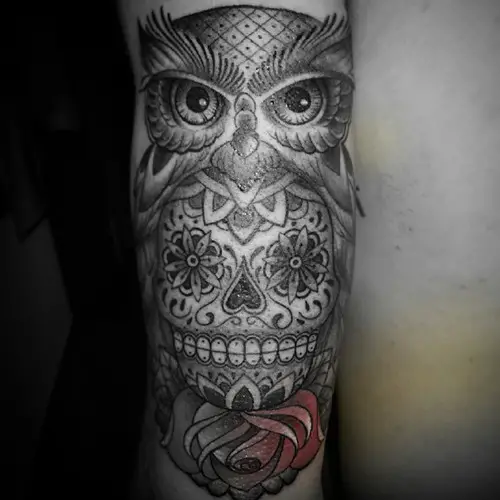 skull and owl tattoo forearm