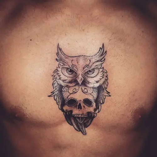small owl and skull tattoo