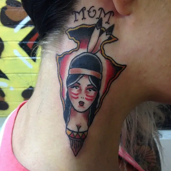 traditional tattoo arrowhead on neck with mom word