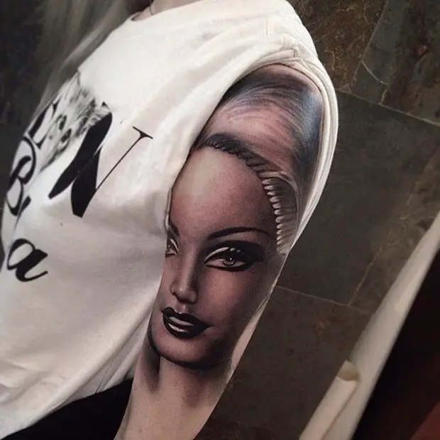 3d Girl Portrait Arm Tattoo