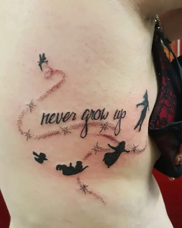 never grow up peter pan quote side tattoos for girls