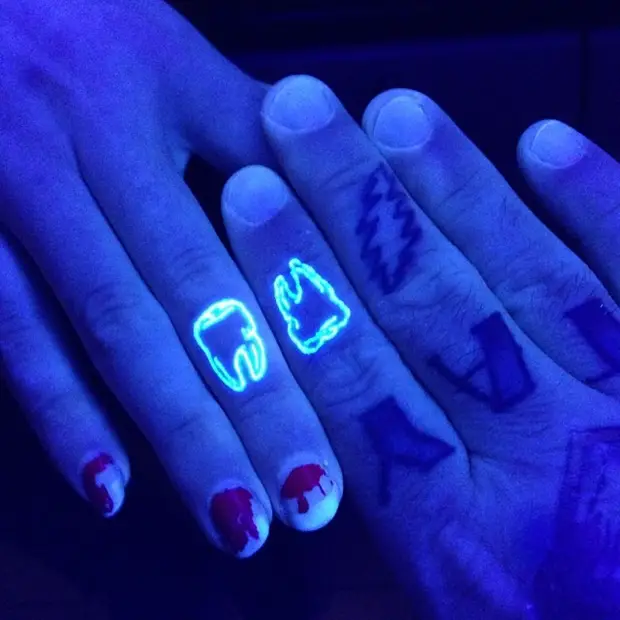Matching Teeth UV Tattoos On Fingers UV Ink Tattoo Designs