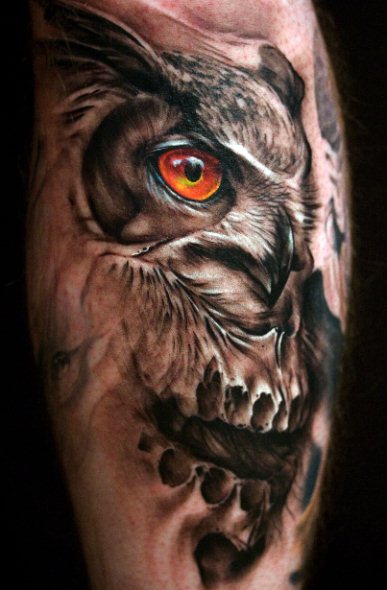 Realistic owl and skull tattoos
